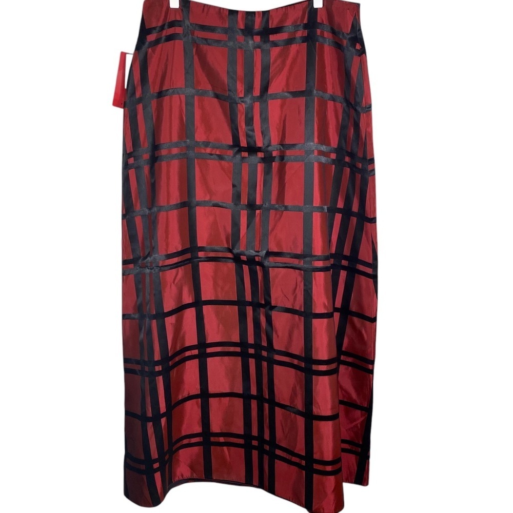 JS Collections Plaid Maxi Skirt Dark Red with Black 100% Acetate Sz 14 NWT